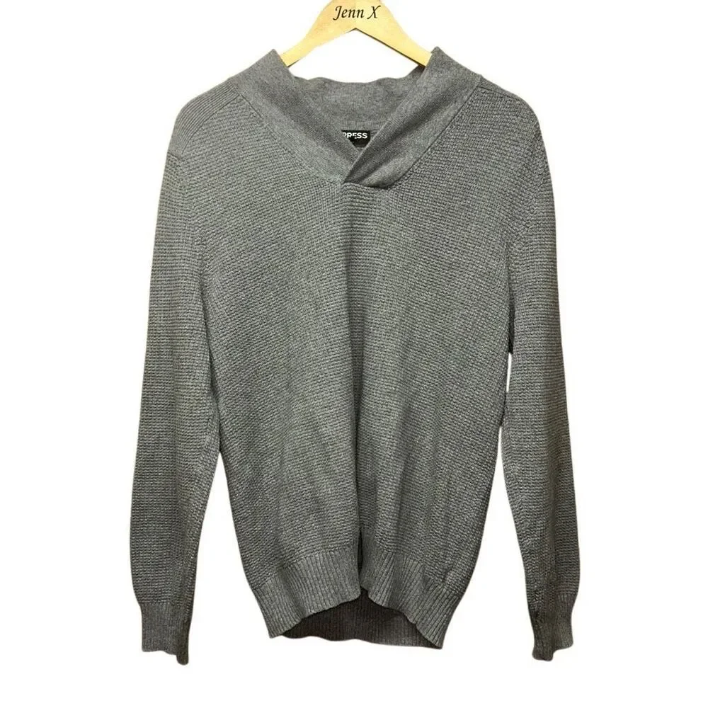 Express Gray Long Sleeve Pullover Sweater Size L Shawl Collar Cable Knit